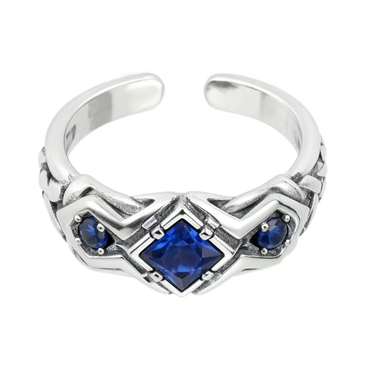 New fashion trend retro sapphire ring for men  Thai silver light luxury  niche  unique opening  versatile and handsome ring
