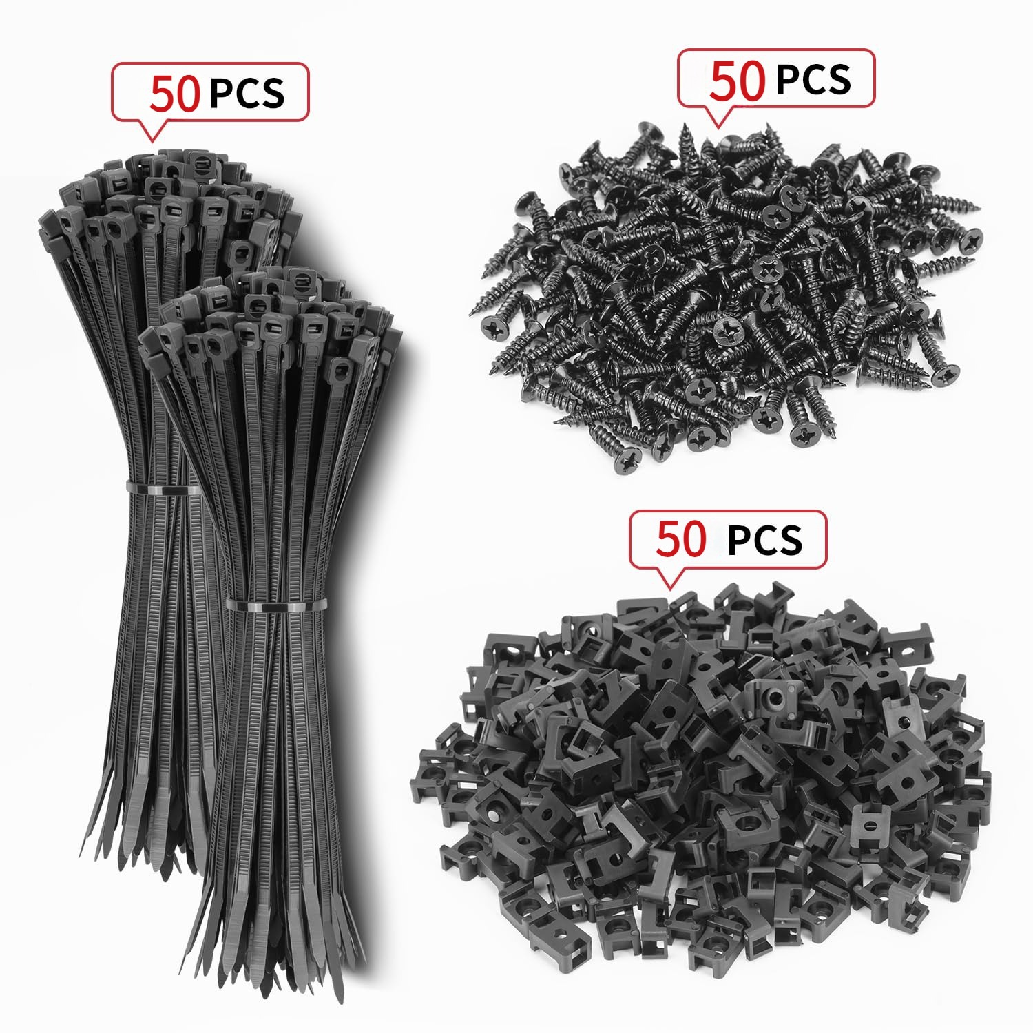 The saddle-style cable tie mount kit includes 50 heavy-duty 6-inch nylon cable ties and screws.