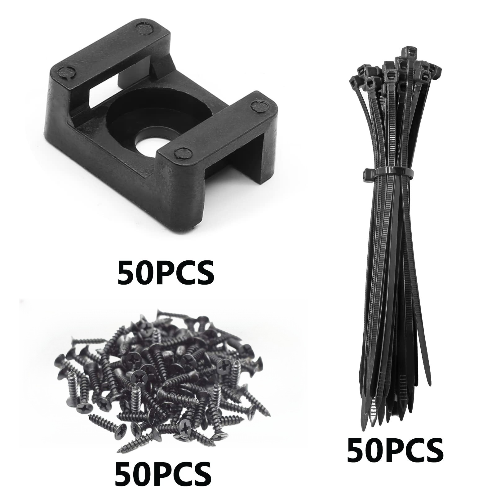 The saddle-style cable tie mount kit includes 50 heavy-duty 6-inch nylon cable ties and screws.
