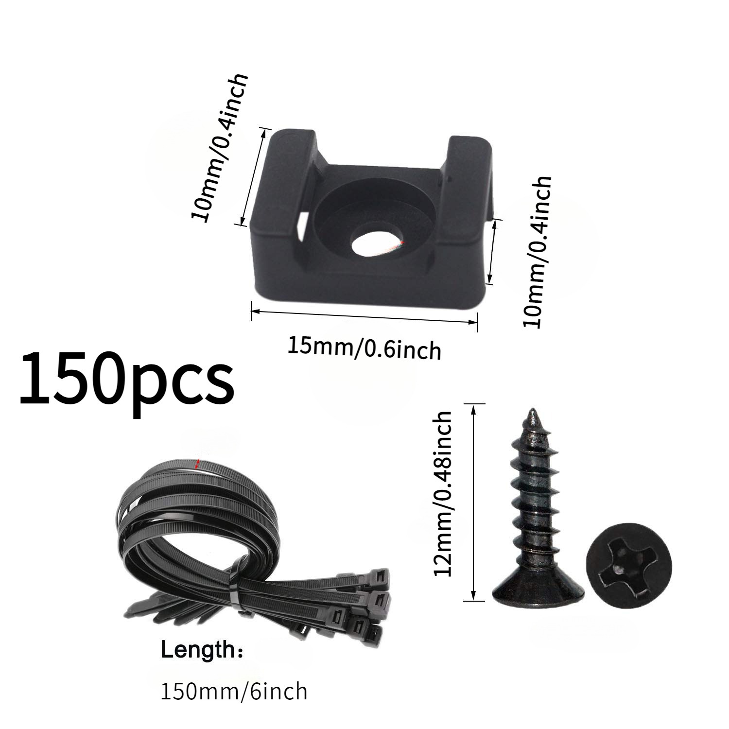 The saddle-style cable tie mount kit includes 50 heavy-duty 6-inch nylon cable ties and screws.