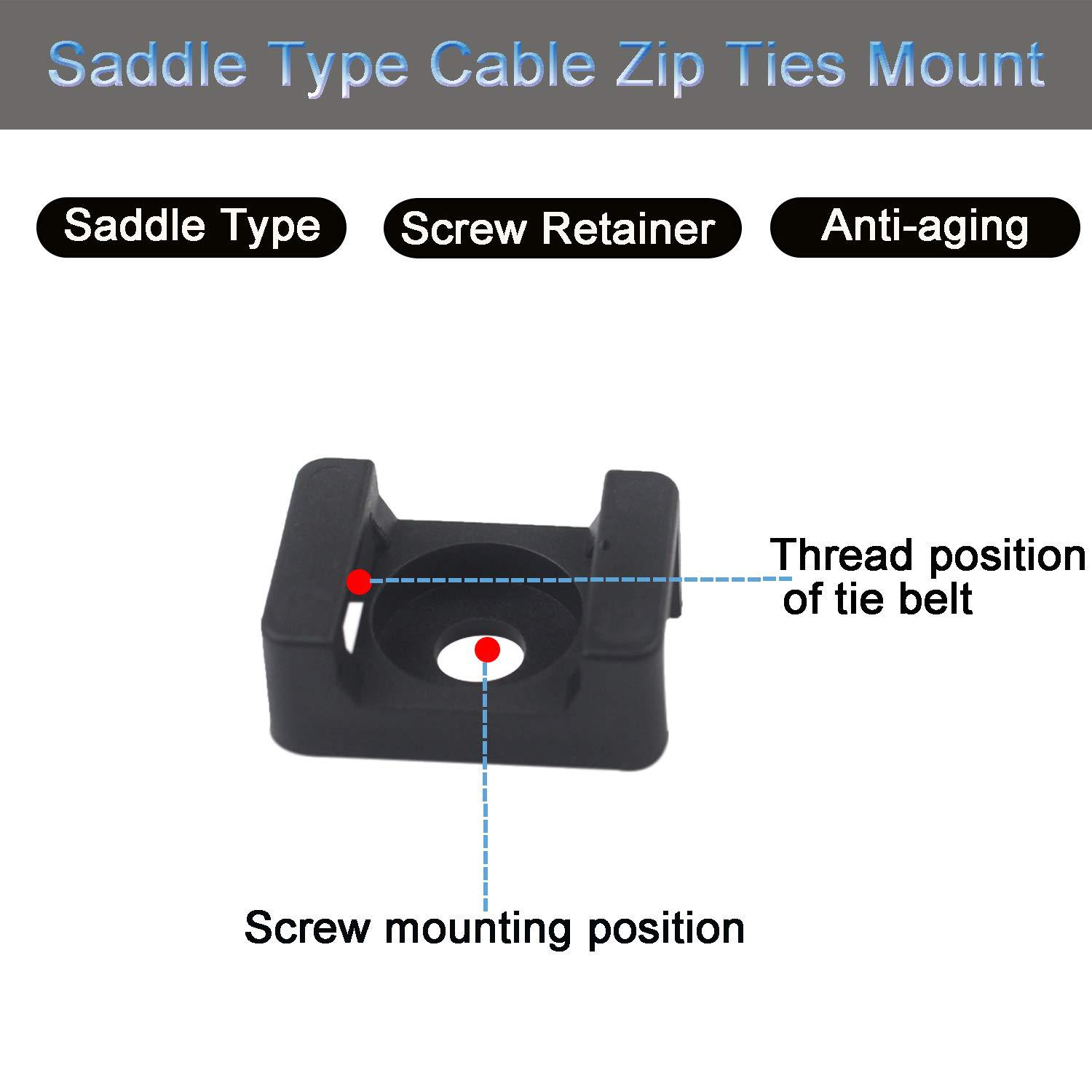 The saddle-style cable tie mount kit includes 50 heavy-duty 6-inch nylon cable ties and screws.