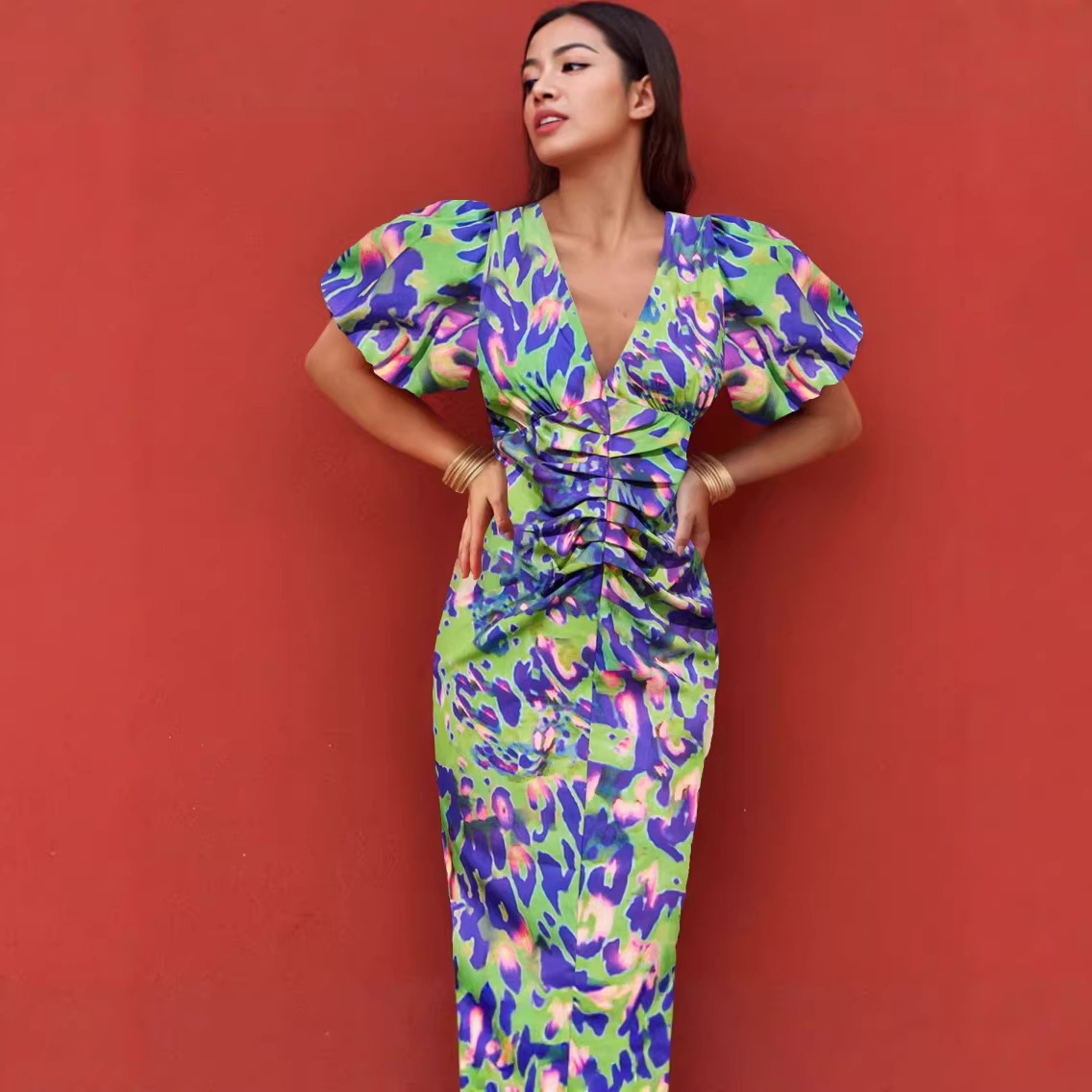 Free delivery of high-quality 2026 new summer women's clothing hot selling casual V-neck bubble short sleeved dress
