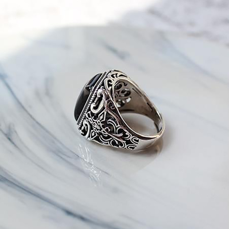 Men's New Fashionable Retro S925 Thai Silver Open Ring Men's Black Agate Creative Design Versatile Light Luxury Ring Jewelry