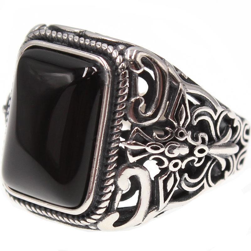 Men's New Fashionable Retro S925 Thai Silver Open Ring Men's Black Agate Creative Design Versatile Light Luxury Ring Jewelry