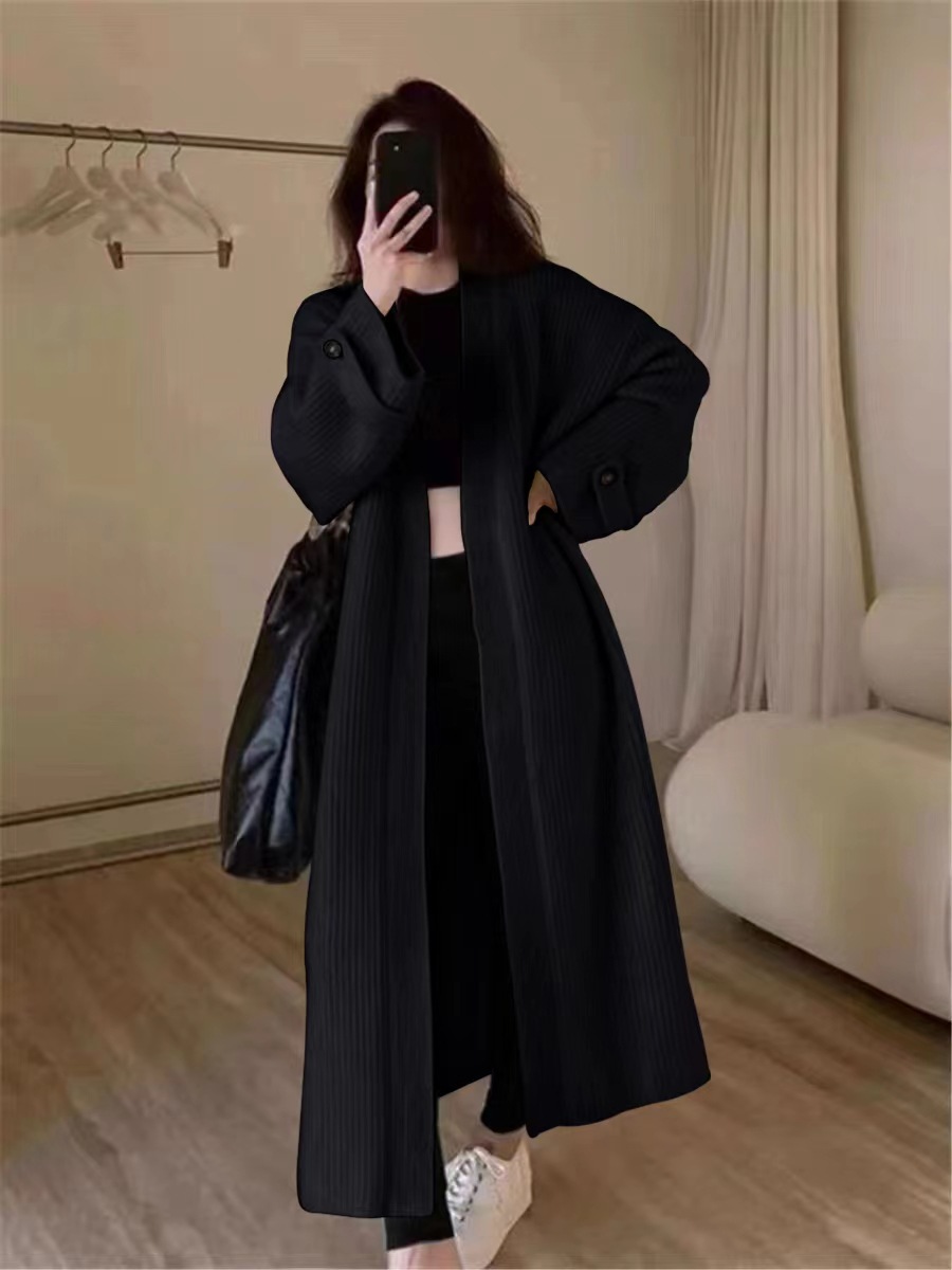 V-Neck Soft and Skin-Friendly Knit Cardigan Autumn Loose Over-the-Knee Long Sweater Jacket for Women Free Size