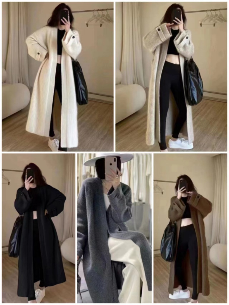 V-Neck Soft and Skin-Friendly Knit Cardigan Autumn Loose Over-the-Knee Long Sweater Jacket for Women Free Size