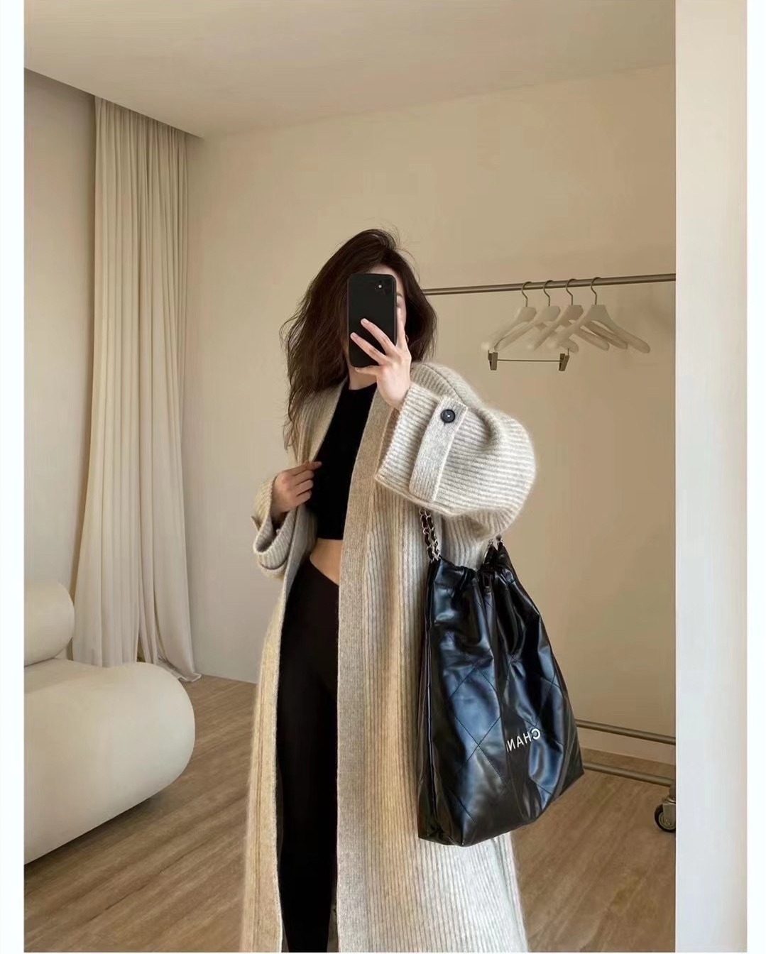 V-Neck Soft and Skin-Friendly Knit Cardigan Autumn Loose Over-the-Knee Long Sweater Jacket for Women Free Size
