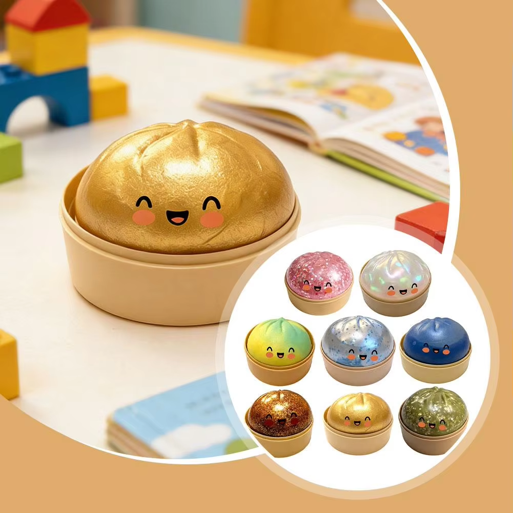 Premium Squishy Steamed Bun Dumpling Toy Slow Rising Glitter Stress Ball Stretchy Decompression Fidget Toy Desk Travel Gift ﻿