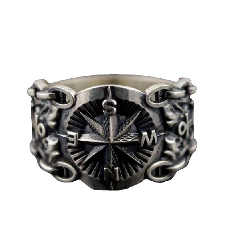 Game of Thrones Ring  niche  high-end  cool and dazzling octagonal star ring  imitation Thai silver compass men's ring