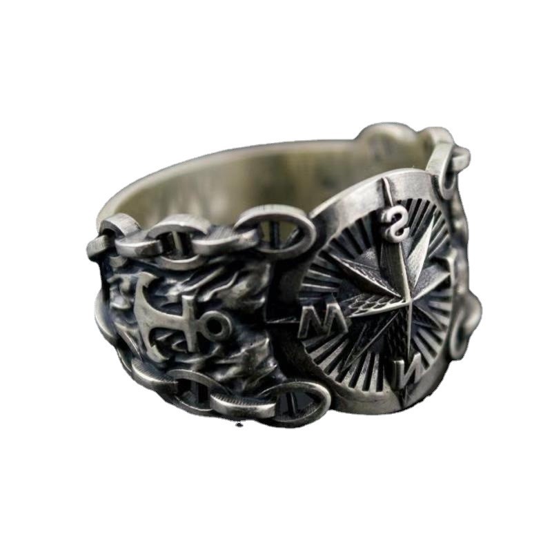 Game of Thrones Ring  niche  high-end  cool and dazzling octagonal star ring  imitation Thai silver compass men's ring