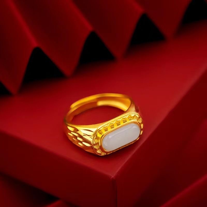 Imitation Jade Marrow Emperor Long Strip Green Ring for Men's Dominance  Simulated Gold Open Ring  High End Accessory