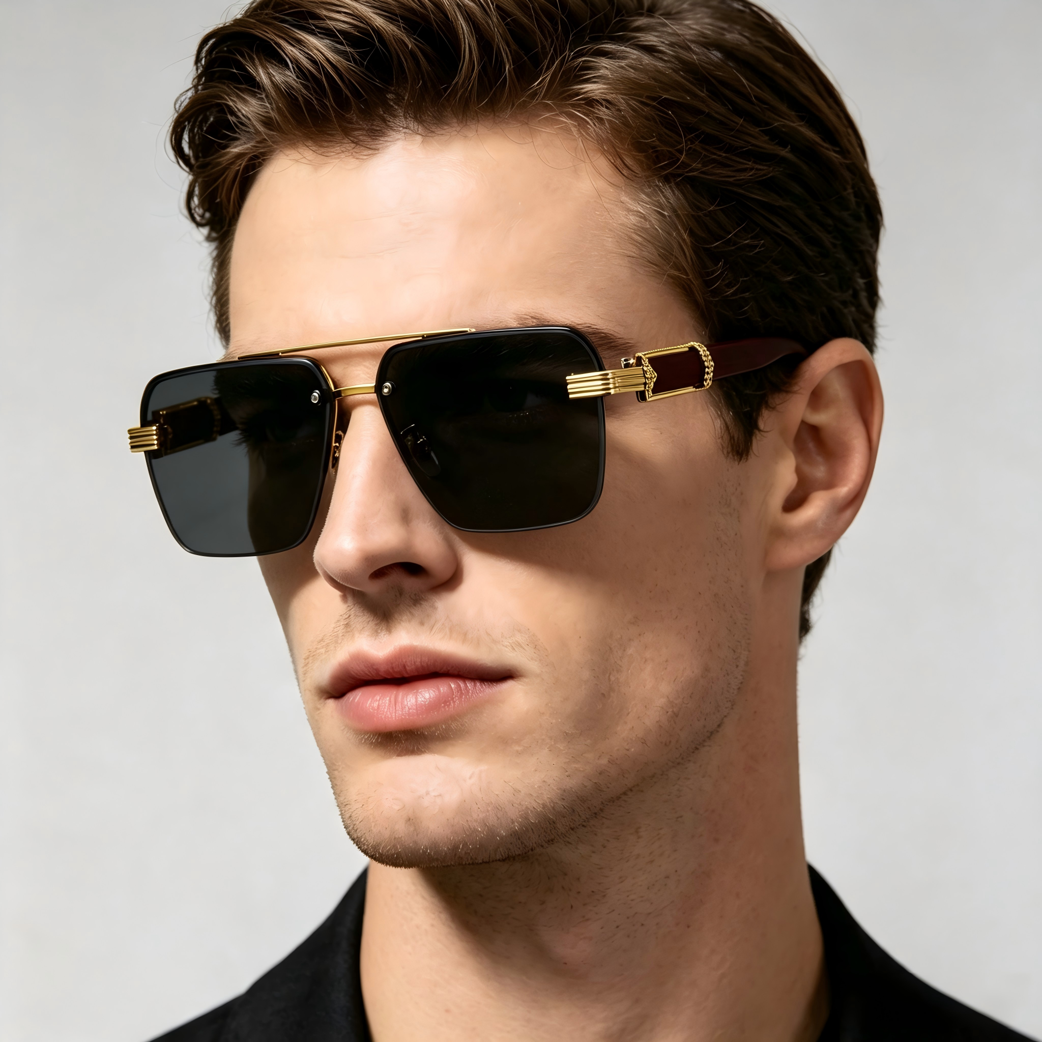Square Gradient Semi‑Rimless Oversized Diamond‑Cut Sunglasses, Floral‑Print Temples, Trendy Men's Premium Shades