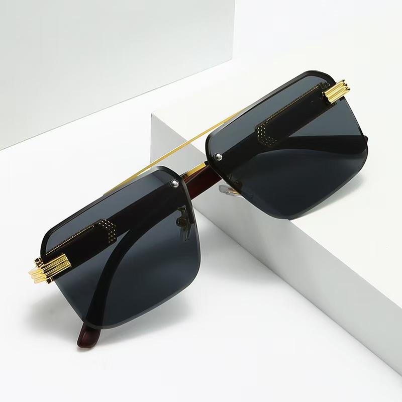 Square Gradient Semi‑Rimless Oversized Diamond‑Cut Sunglasses, Floral‑Print Temples, Trendy Men's Premium Shades