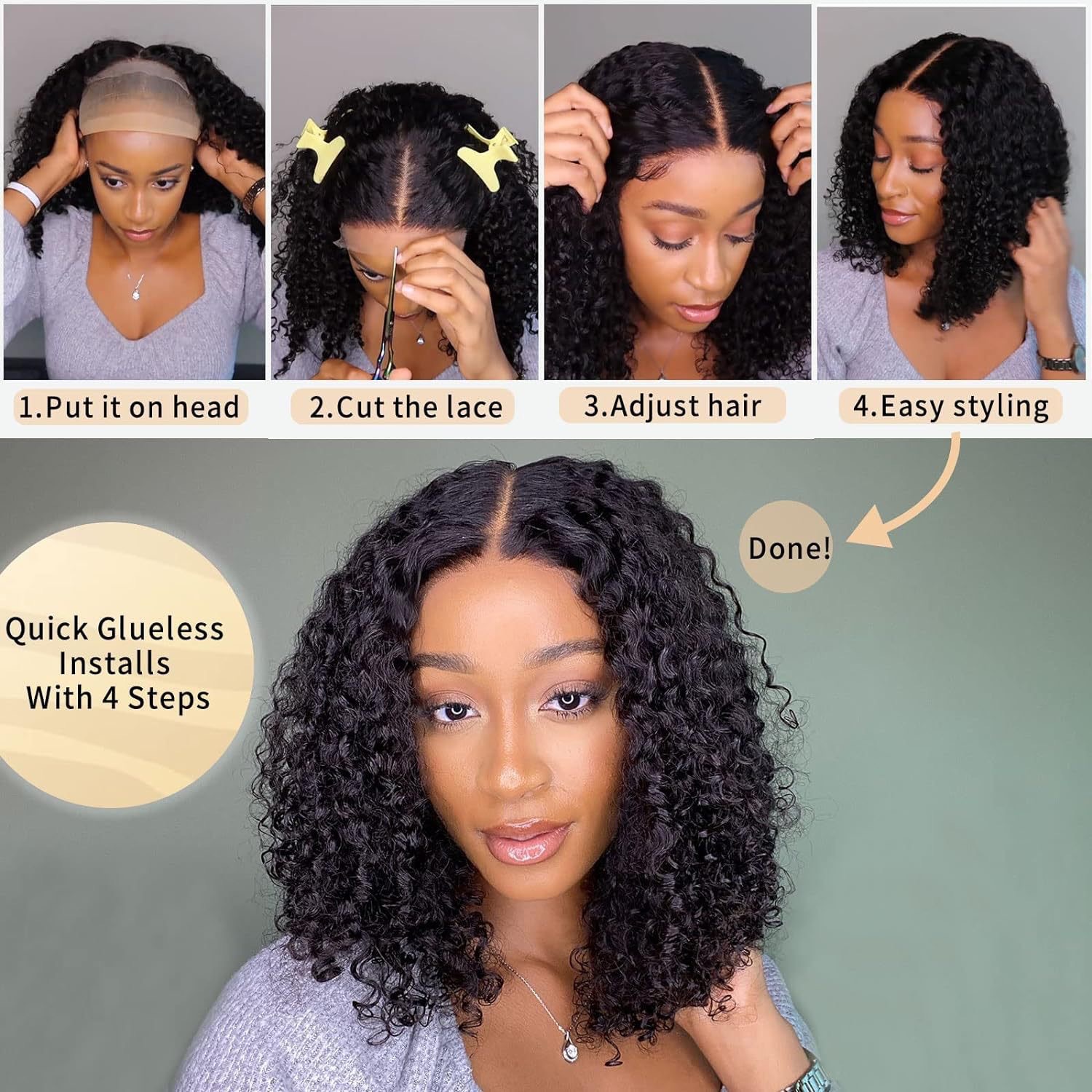 Ladies' front lace wig, black, medium length, short curly hair, small curls, synthetic high-temperature silk headband