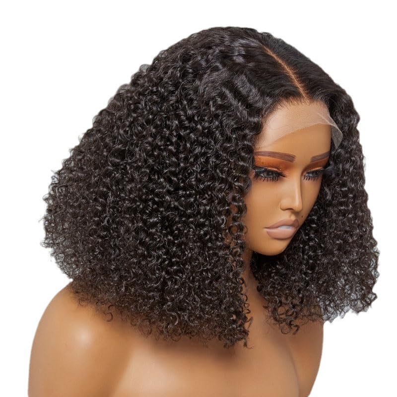 Ladies' front lace wig, black, medium length, short curly hair, small curls, synthetic high-temperature silk headband