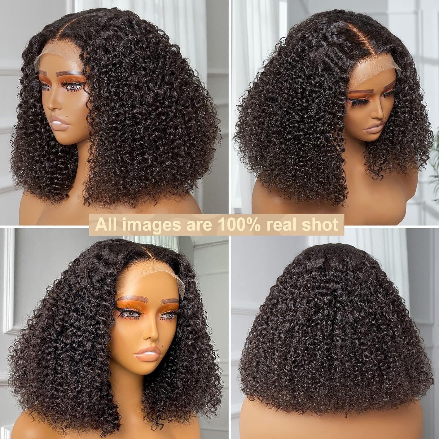Ladies' front lace wig, black, medium length, short curly hair, small curls, synthetic high-temperature silk headband