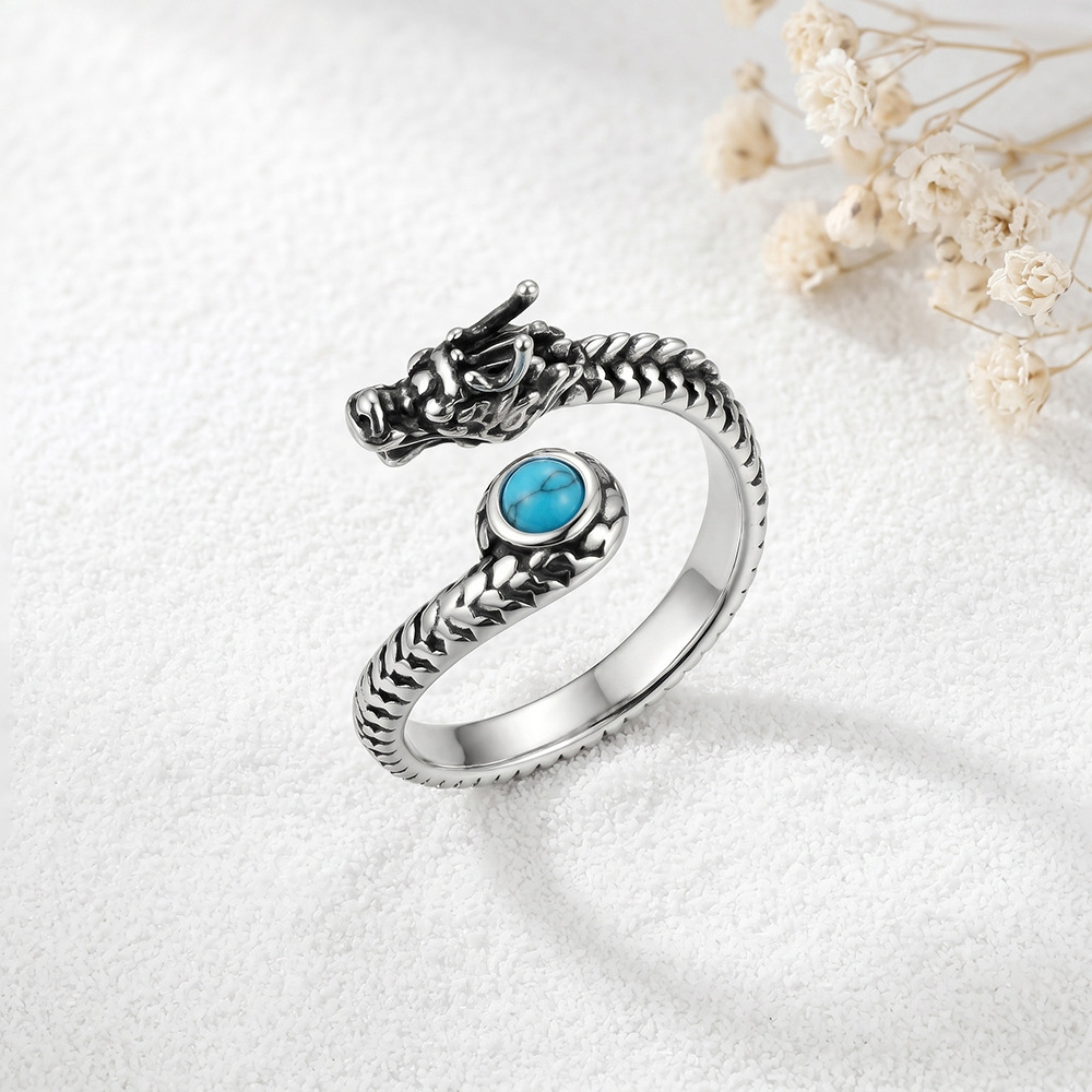 Men's Retro Turquoise Zodiac Dragon Ring Personalized Light Luxury Leisure Versatile Animal Dragon Opening Adjustable Ring