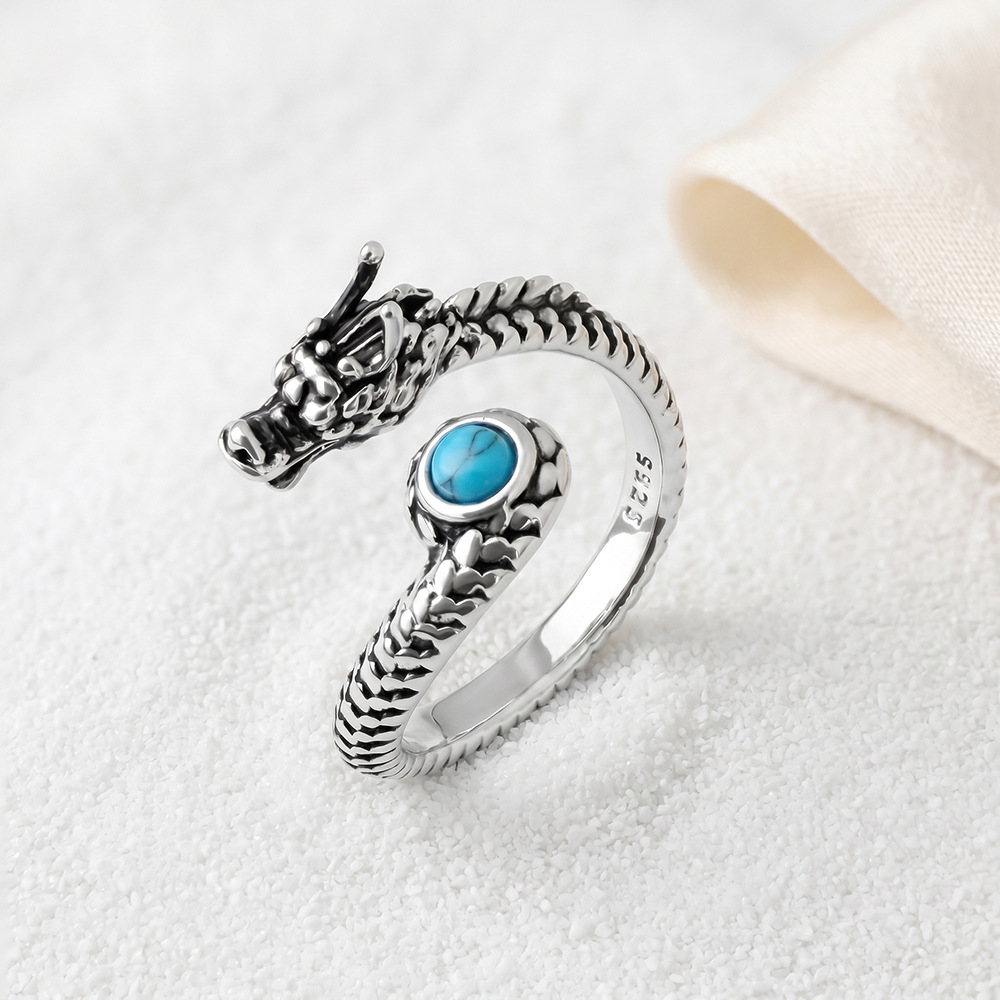 Men's Retro Turquoise Zodiac Dragon Ring Personalized Light Luxury Leisure Versatile Animal Dragon Opening Adjustable Ring