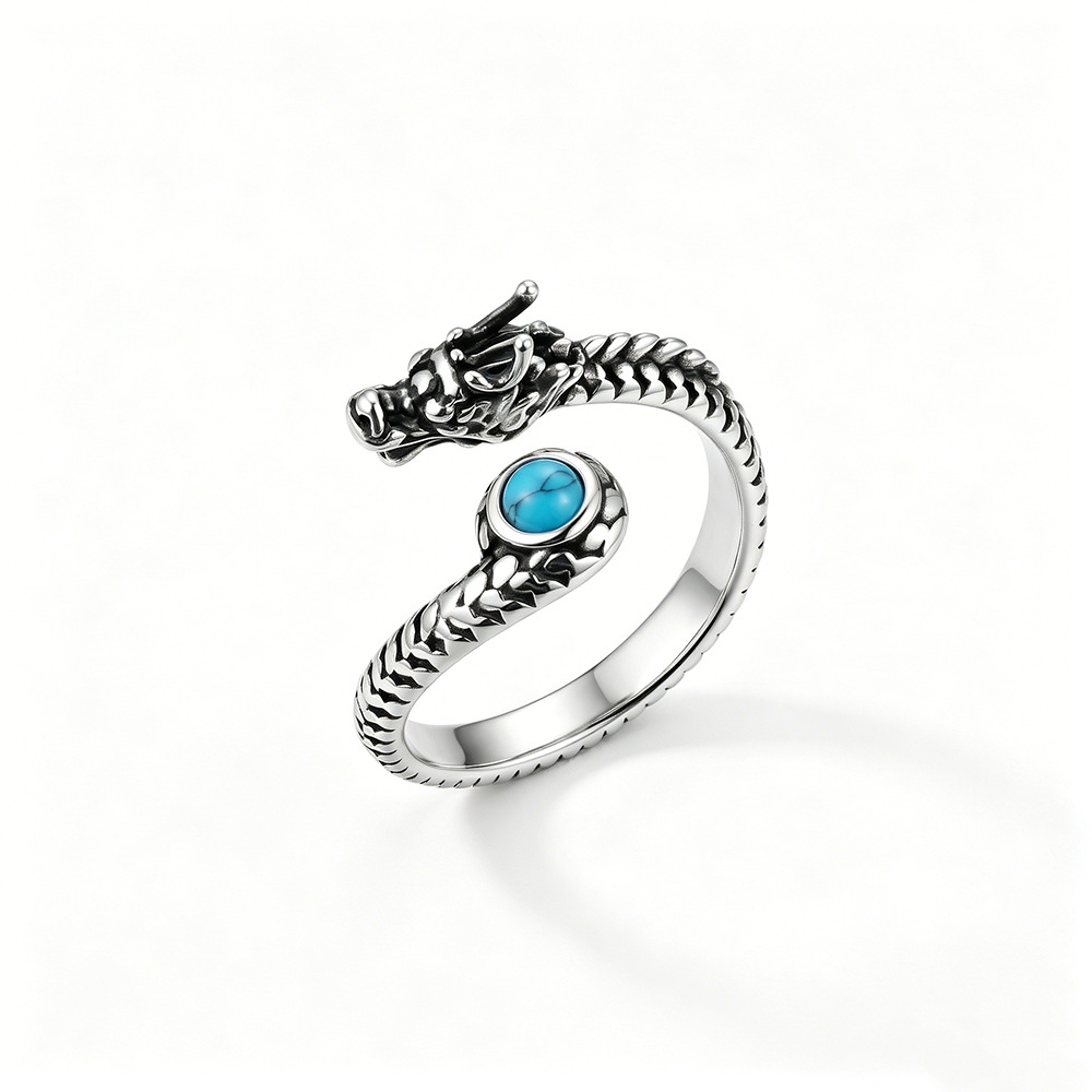 Men's Retro Turquoise Zodiac Dragon Ring Personalized Light Luxury Leisure Versatile Animal Dragon Opening Adjustable Ring