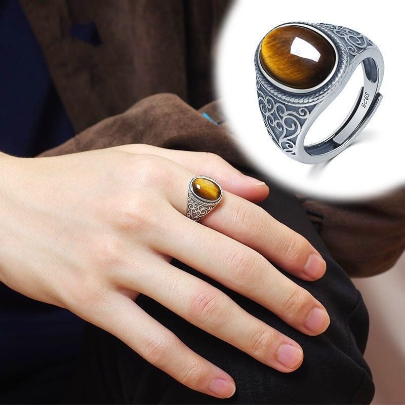 Men's Fashion New Silver Plated Tiger Eye Stone Open Mouth Ring with Gold Sense and Versatile Antique Style Open Mouth Ring