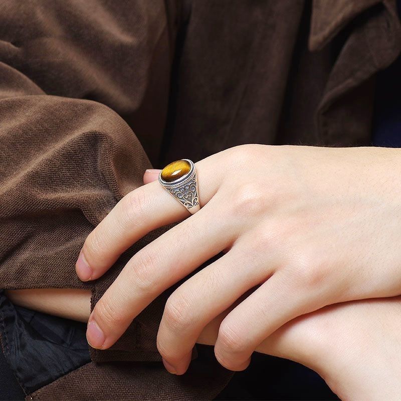 Men's Fashion New Silver Plated Tiger Eye Stone Open Mouth Ring with Gold Sense and Versatile Antique Style Open Mouth Ring