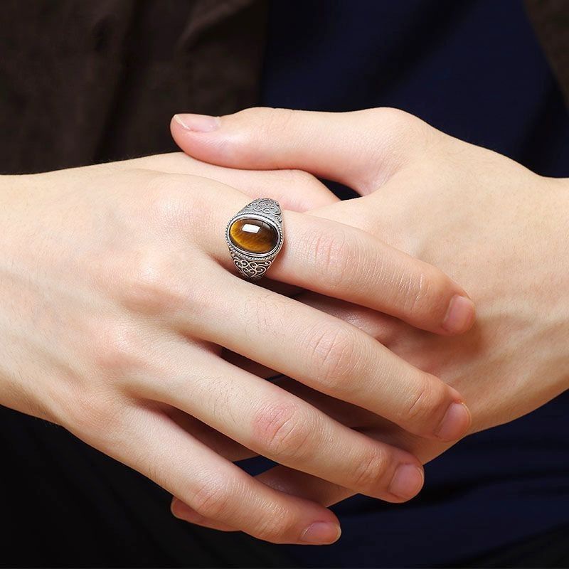 Men's Fashion New Silver Plated Tiger Eye Stone Open Mouth Ring with Gold Sense and Versatile Antique Style Open Mouth Ring