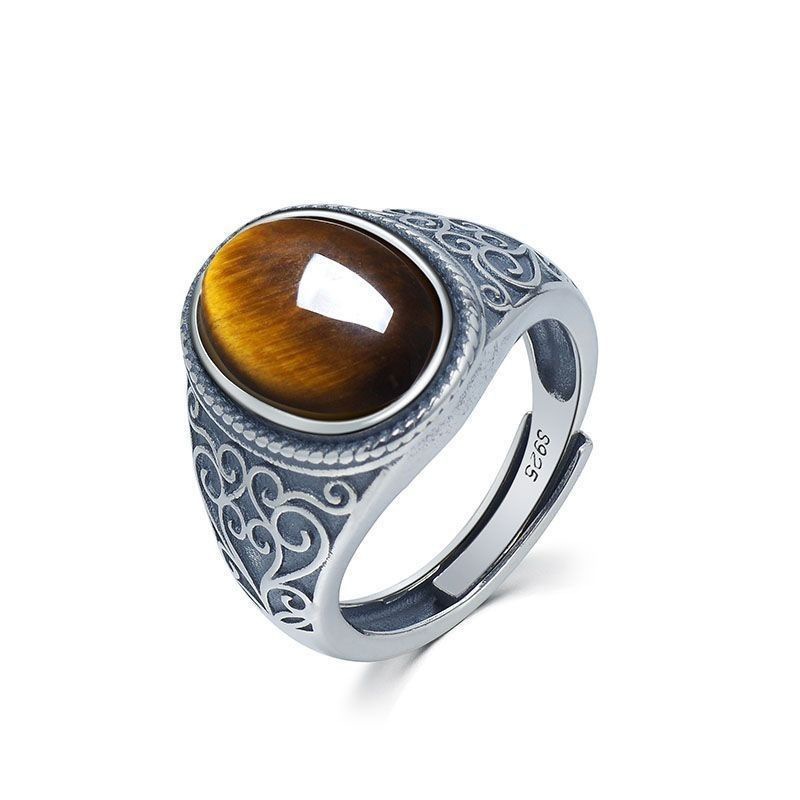 Men's Fashion New Silver Plated Tiger Eye Stone Open Mouth Ring with Gold Sense and Versatile Antique Style Open Mouth Ring