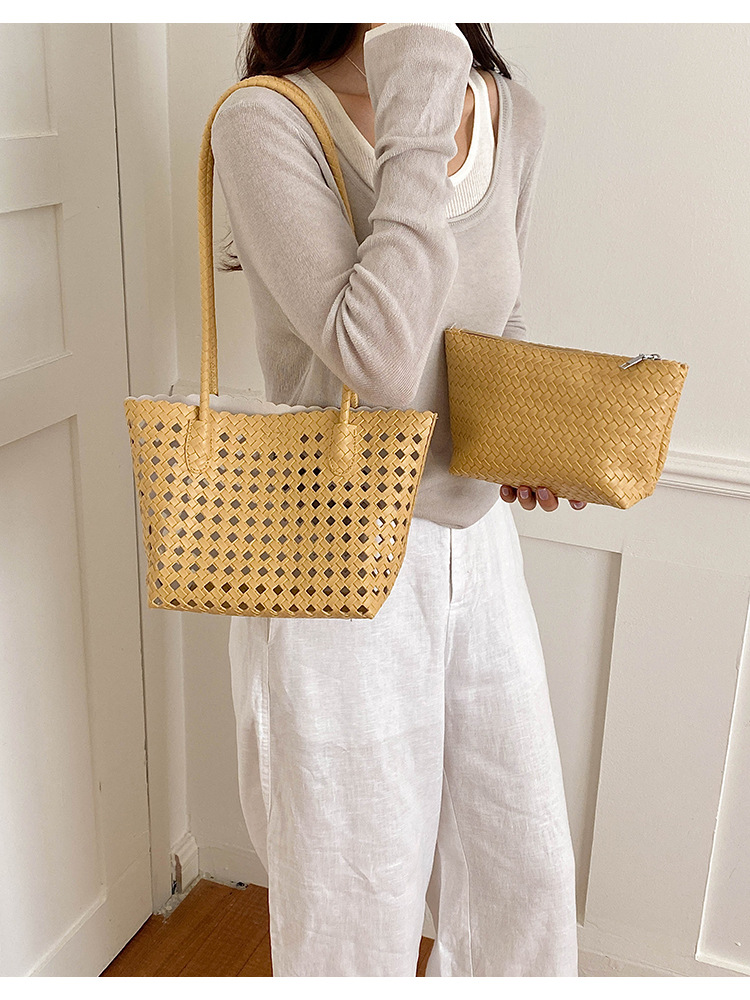 Women's Openwork Woven Shoulder Bag Summer Stylish Retro Woven Bucket Bag Large Capacity Casual Shopping Travel Woven Bucket Bag