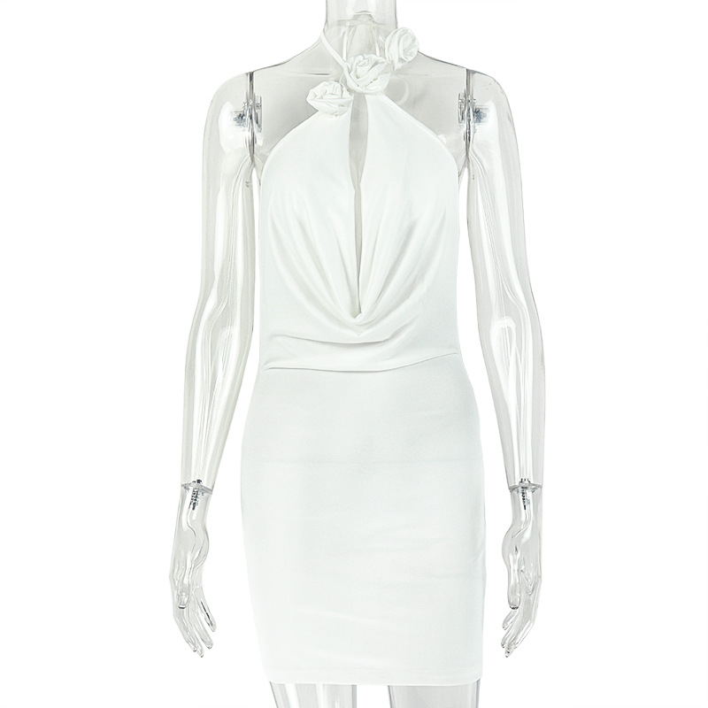 Foamlina Elegant White 3D Floral Halter Mini Dress Draped Front Cutout Open Back Self Tie Bodycon Cocktail Evening Club Dress