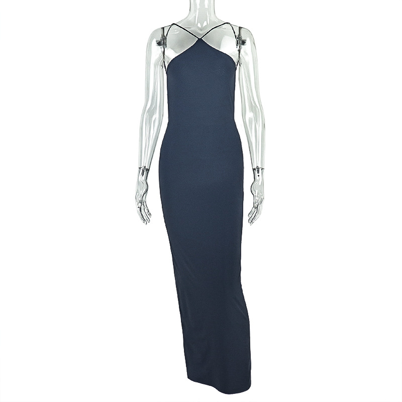 Elegant Solid Color Women's Dress, Low-waisted Bodycon Skirt, Halter Neck, Sleeveless, Backless Long Dress