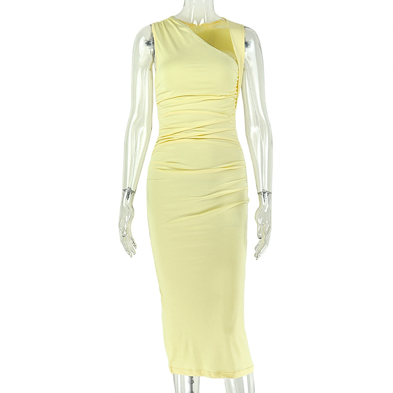 Women Midi Dress Sexy Solid Diagonal Collar Elegant Sleeveless Chic Party Club Skinny Evening Vestidos Slim Dress