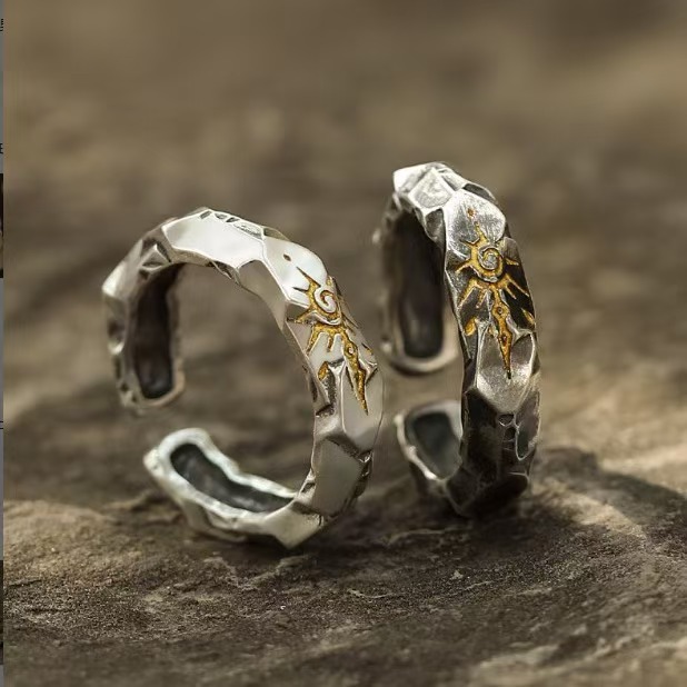 Retro Wishing Stone Ring  Male Personality  Trendy  Cold Style  Color blocked Fashion Imitation Thai Silver Open End Ring