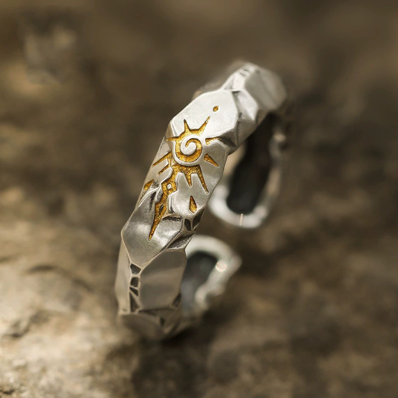 Retro Wishing Stone Ring  Male Personality  Trendy  Cold Style  Color blocked Fashion Imitation Thai Silver Open End Ring