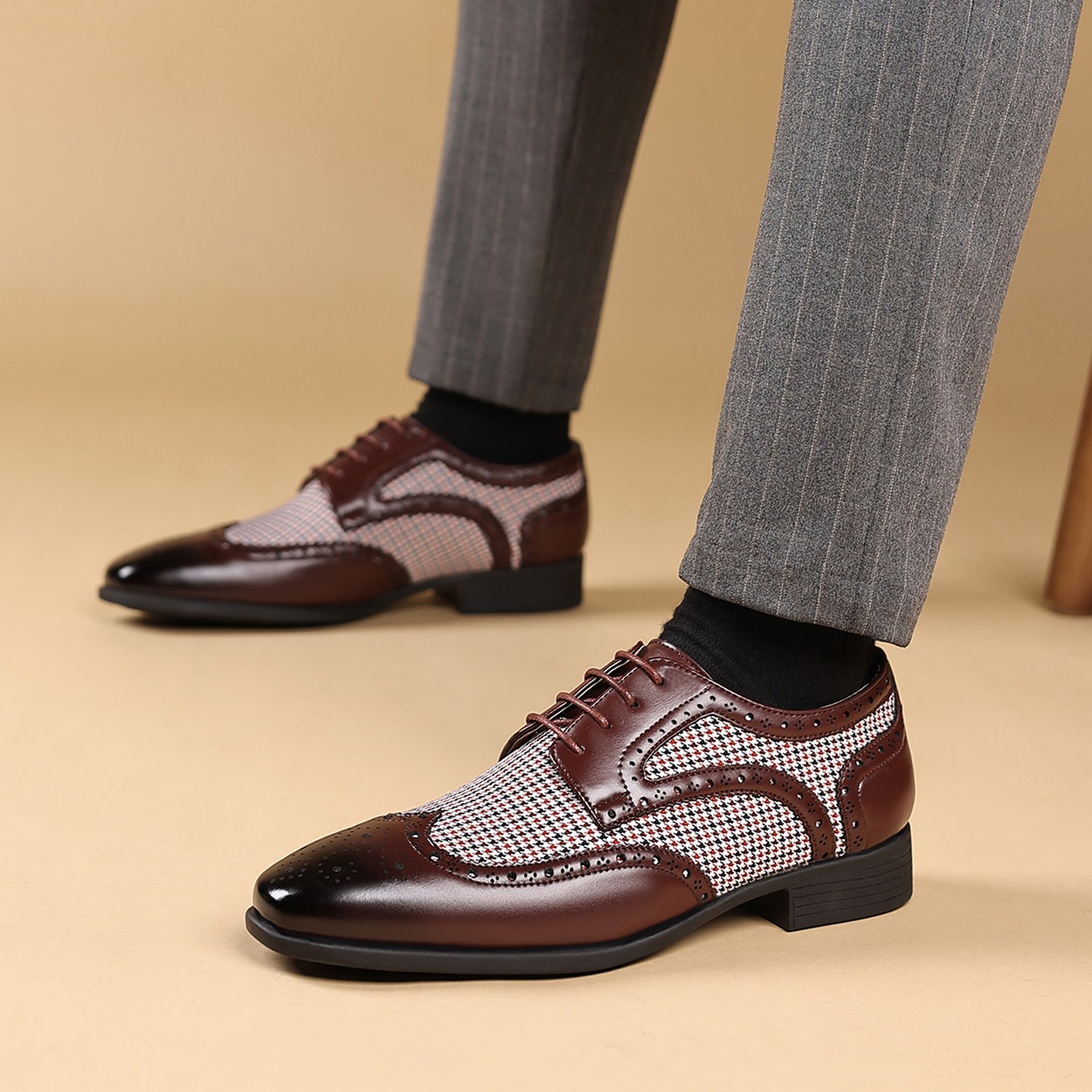 Men's shoes autumn new style leather shoes with block fabric matching men's shoes