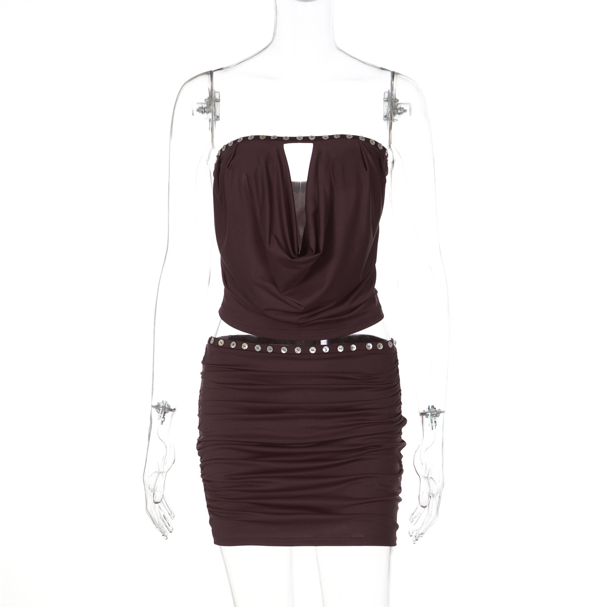 Fashion 2 Pcs Sets Strapless Solid Hole Buttons Decoration Sexy Crop Tank Top Skirt Summer Women Outfit Beach Vacation