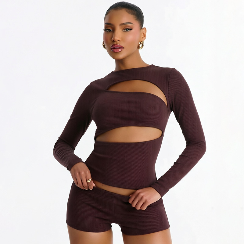 Knitted Rave Outfits for Woman Two Piece Set Party Club Cut Out Long Sleeve Top and Shorts Matching Sets Ensemble Short Femme