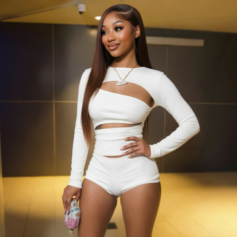 Knitted Rave Outfits for Woman Two Piece Set Party Club Cut Out Long Sleeve Top and Shorts Matching Sets Ensemble Short Femme