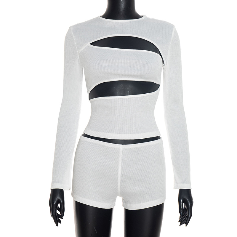 Knitted Rave Outfits for Woman Two Piece Set Party Club Cut Out Long Sleeve Top and Shorts Matching Sets Ensemble Short Femme