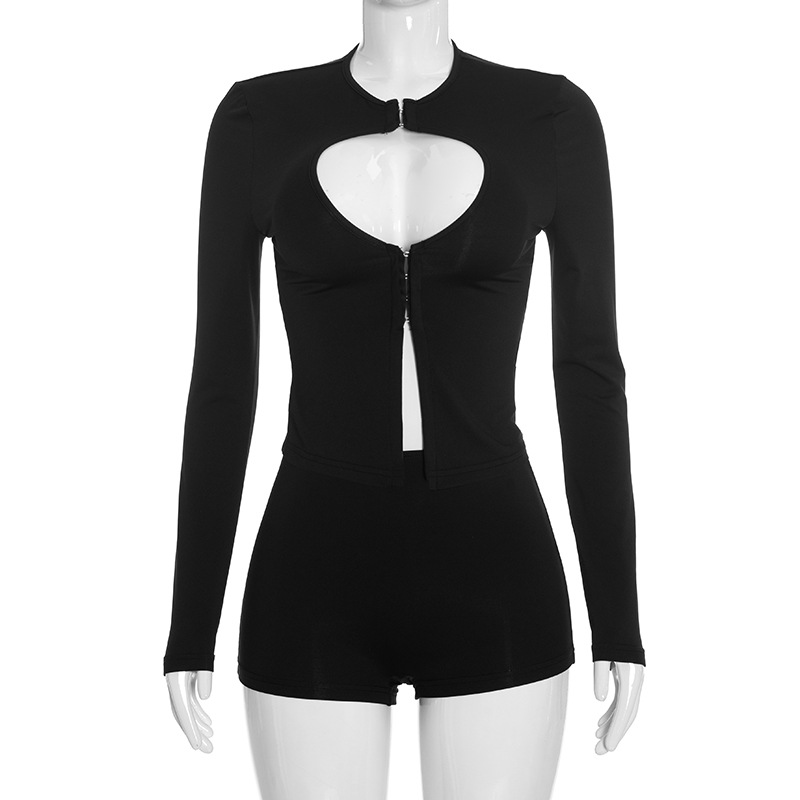 Solid Color Long Sleeve Cut-Out Top and Shorts Two-Piece Set