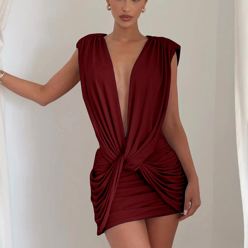 Sexy Ruched Kink Design Mini Dress Woman Chic Deep V-Neck Sleeveless Backless Peach Hip Dresses Elegant Party Bodycon