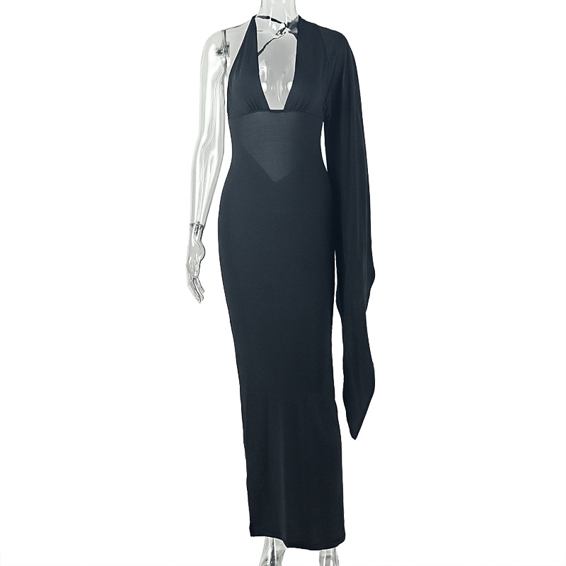 Sexy Backless Asymmetric Long Sleeve V-Neck Party Dress Street Style Pure Color Bodycon Skirt Polyester Blend