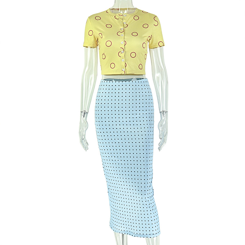 2 Piece Sets Women's Dot Print O-Neck Short Sleeve Buttons Cardigan Crop Tops & Hips Wrapped Midi Skirt