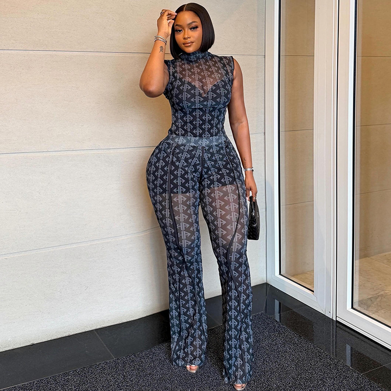 See Through Mesh Print 2 Piece Set Women Sexy Half High Collar Sleeveless Bodysuits Tops + Slim Flare Pants Fashion Club Suits
