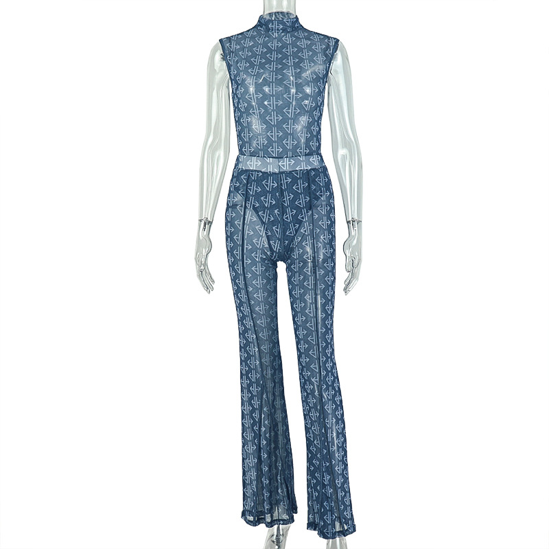 See Through Mesh Print 2 Piece Set Women Sexy Half High Collar Sleeveless Bodysuits Tops + Slim Flare Pants Fashion Club Suits