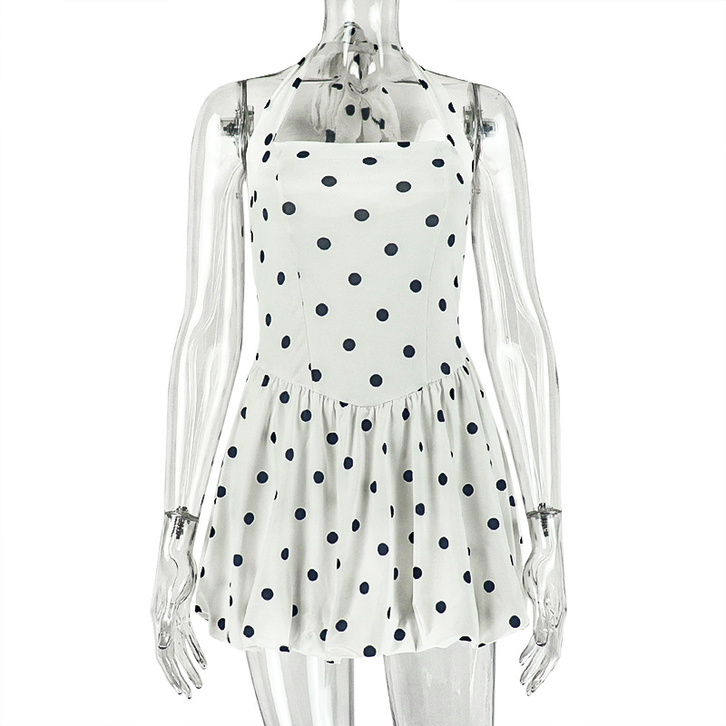 Polka Dot A-line Puff Mini Dress Women Elegant Halter Strapless Backless High Waist Night Club Party Birthday Dress Robe