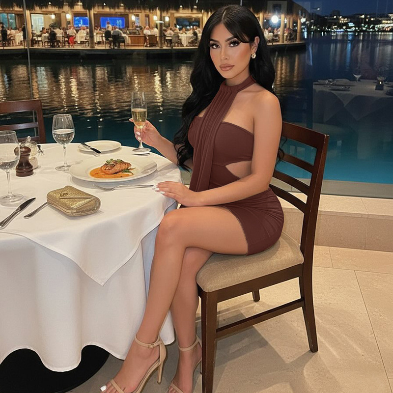 Women Brown Sleeveless Mini Dress Sexy Backless Halter Draped Front Waist Cutout Side Ruched Bodycon Dress Party Clubwear