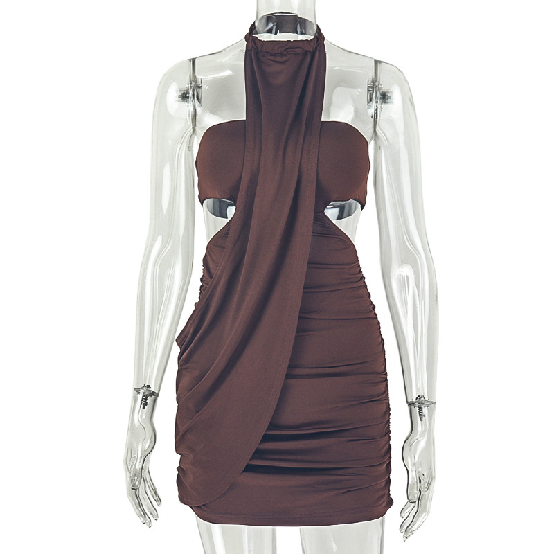 Women Brown Sleeveless Mini Dress Sexy Backless Halter Draped Front Waist Cutout Side Ruched Bodycon Dress Party Clubwear