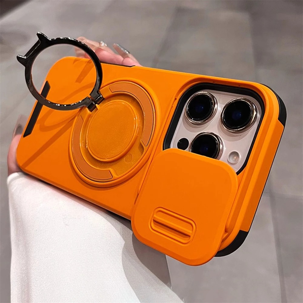 Luxury Magnetic iPhone Case with Slide Camera Lens Cover & Ring Holder
