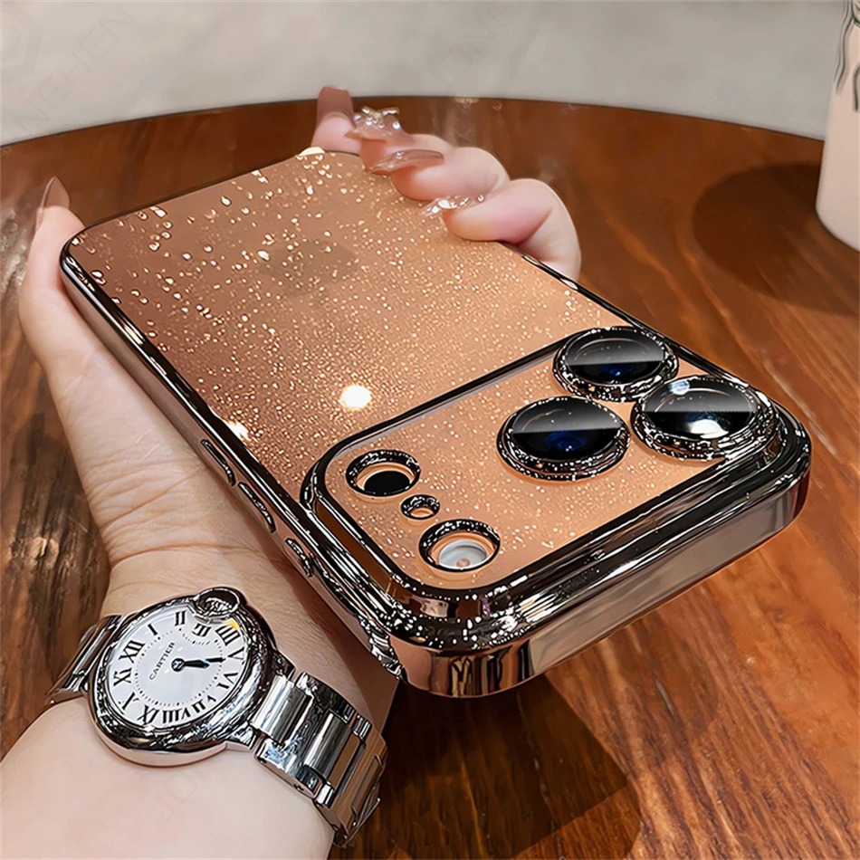 Luxury Glitter Clear Case for iPhone 12-17 Pro Max - Orange Pattern