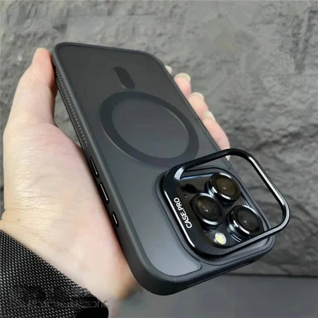 Luxury Matte MagSafe iPhone Case with Lens Stand – Magnetic Protective Cover for iPhone 11/12/13/14/15 Pro Max, 16 Plus & 17 Air